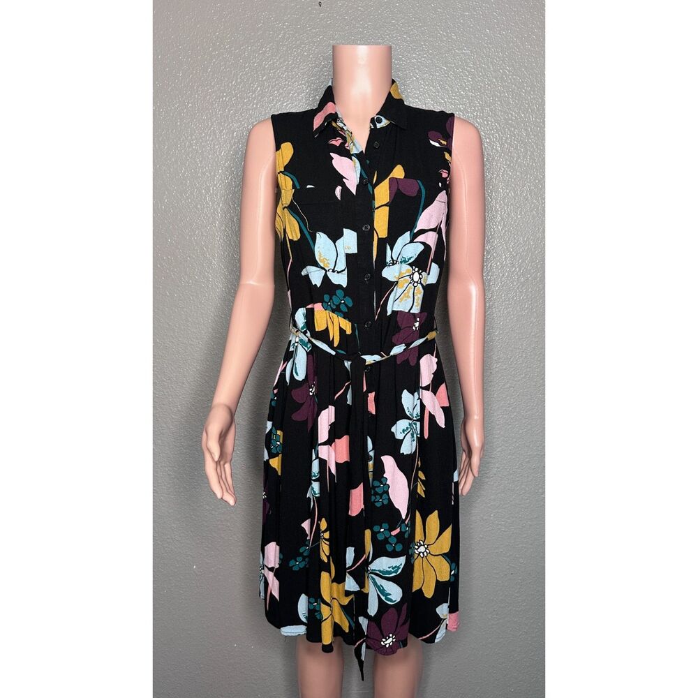 Who What Wear Belted Floral Summer Shirt Dress Medium Black
